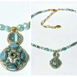 Michal Golan Aqua Pearl Cat's Eye Glass Gold Bead Handcrafted Pendant Necklace